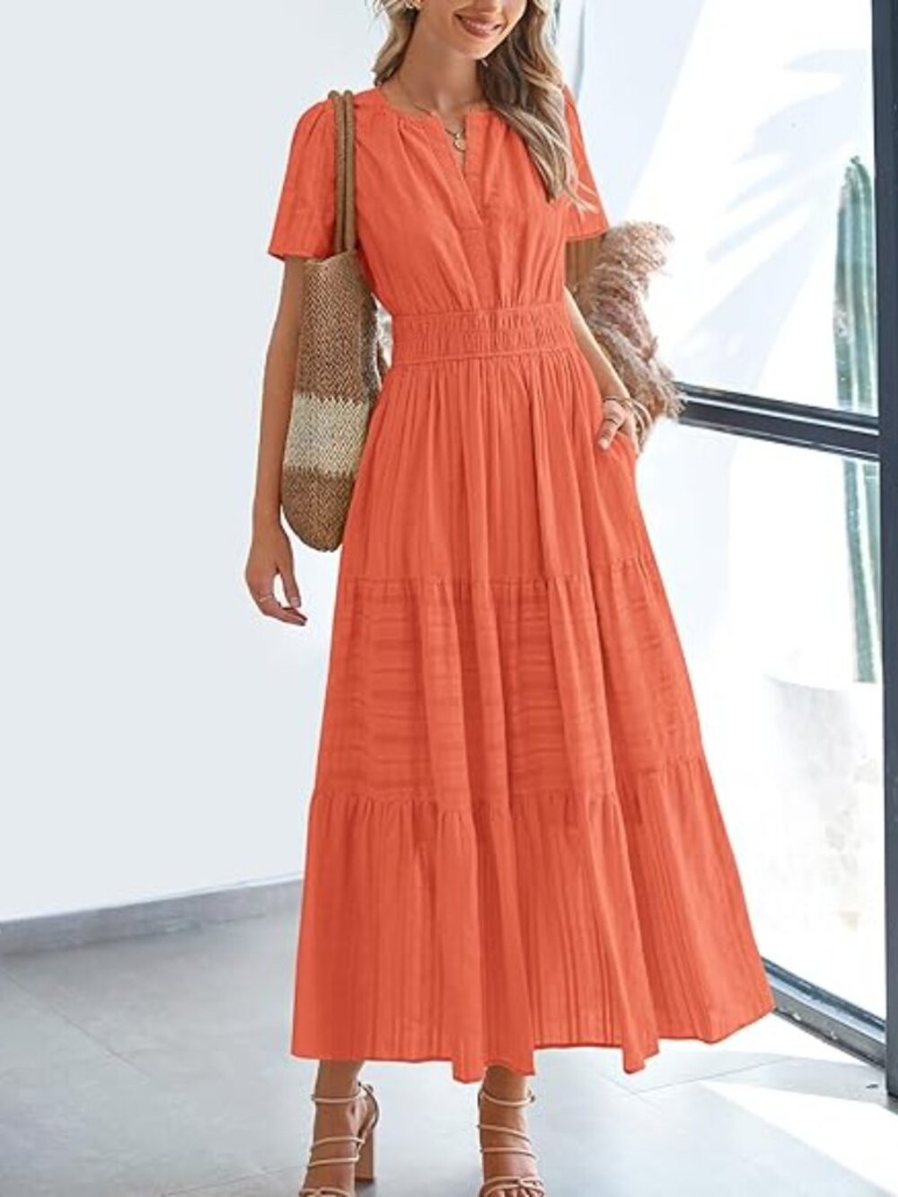 Women's Orange 100%Cotton V Neck Elastic Waist Boho Beach Casual MIDI Dresses